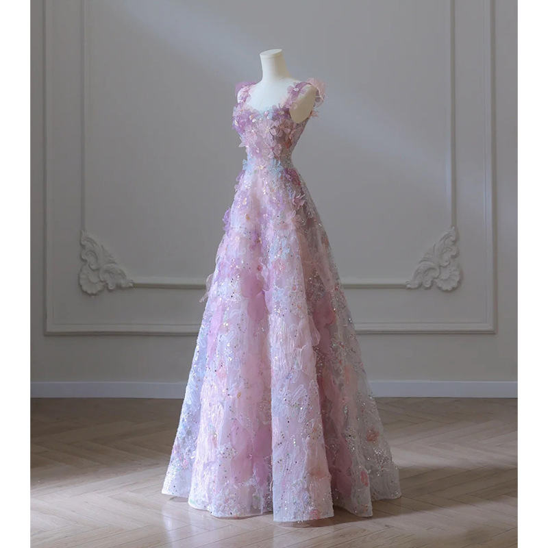 Flores púrpura vestido de brindis 2025 nuevo otoño industria pesada mujer lujoso anfitrión vestido de fiesta de cumpleaños