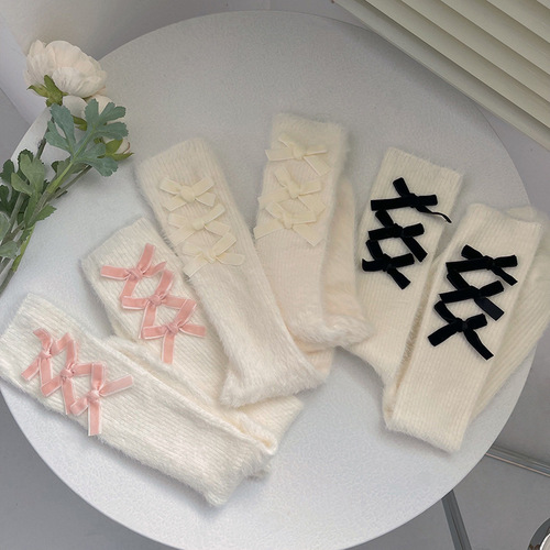 Japanese winter flocking 3 bow mid-tube imitation rex rabbit fur pile socks thickened floor socks girls warm socks