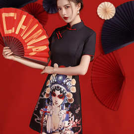 黑色国风京剧脸谱印花显瘦连衣裙2024夏新款日常改良年轻款旗袍