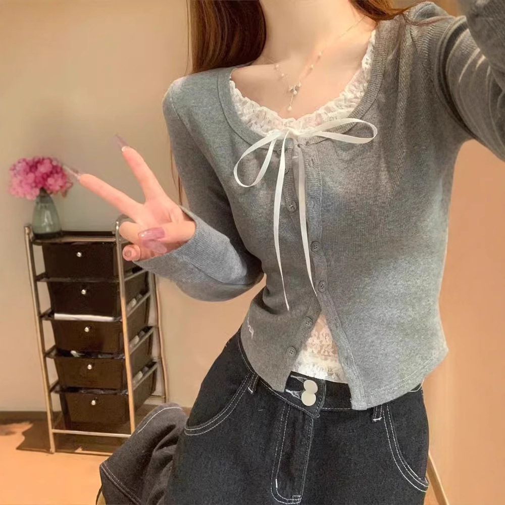 假兩件拼接蕾絲修身短款上衣2025春秋季新款長袖t恤女設計感上衣