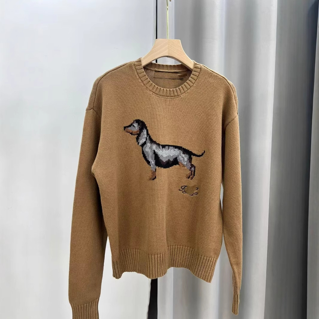 European and American R~L Women's Pure Cotton Dachshund Jacquard Pattern High-Waisted Short Round Neck Pullover Knitted Top Sweater