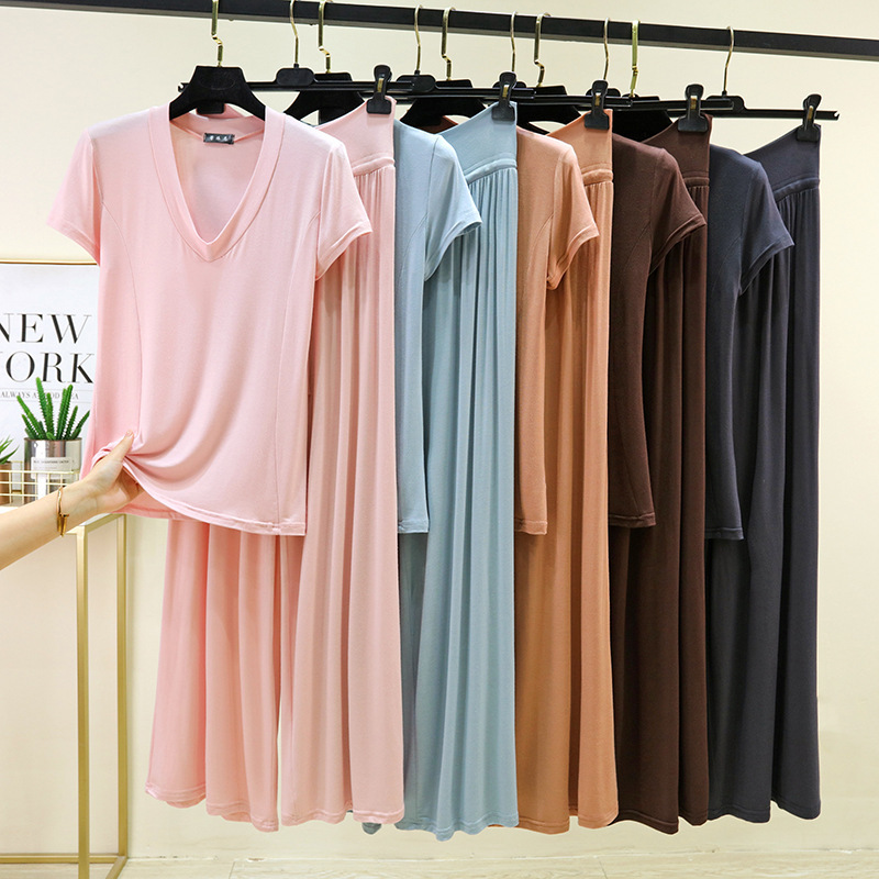 Modal V-Neck Short-Sleeved Bottoming Shirt with Drawstring and High-Waisted Wide-Leg Pants, Summer Plus-Size Casual Simple Two-Piece Set Modal V-Neck Short-Sleeved Bottoming Shirt with Drawstring and High-Waisted Wide-Leg Pants, Summer Plus-Size Casual Simple Two-Piece Set