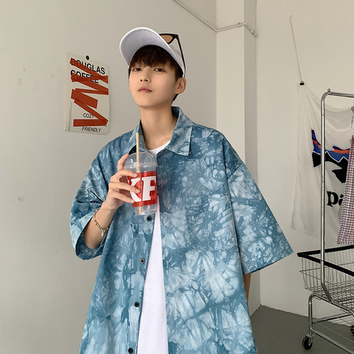 Thin Hawaiian Shirt for Men, Summer Trendy Loose Top with Design Sensibility, Tie-Dye Short-Sleeve Floral Shirt Jacket