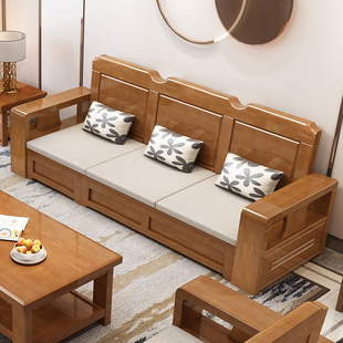 Modern Chinese-Style Solid Wood Sofa Set for Living Room, Suitable for Both Winter and Summer, with Storage, Home-Use Wooden Chinese Furniture