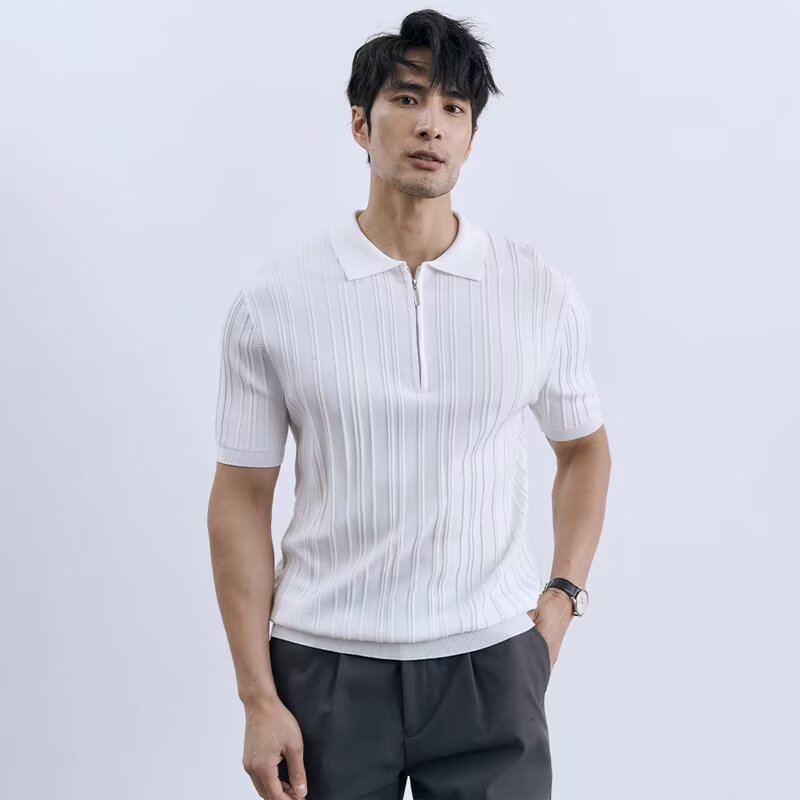 Polo camiseta de punto camiseta de manga corta hombre solapa media cremallera rayas viejas camisetas de hielo de viento de verano fábrica transfronteriza al por mayor