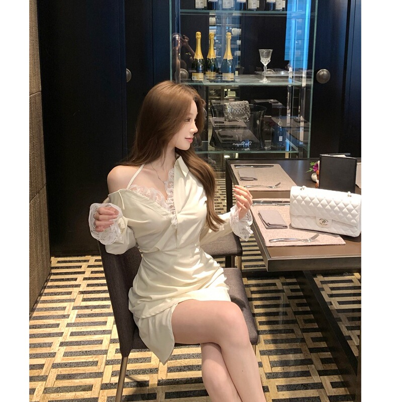 2026 Early Spring Lace Patchwork Off-Shoulder Long-Sleeve Shirt Dress for Women, Slim Fit, Waist-Cinching Short Dress, Pure Desire Style, Bodycon 2026 Early Spring Lace Patchwork Off-Shoulder Long-Sleeve Shirt Dress for Women, Slim Fit, Waist-Cinching Short Dress, Pure Desire Style, Bodycon