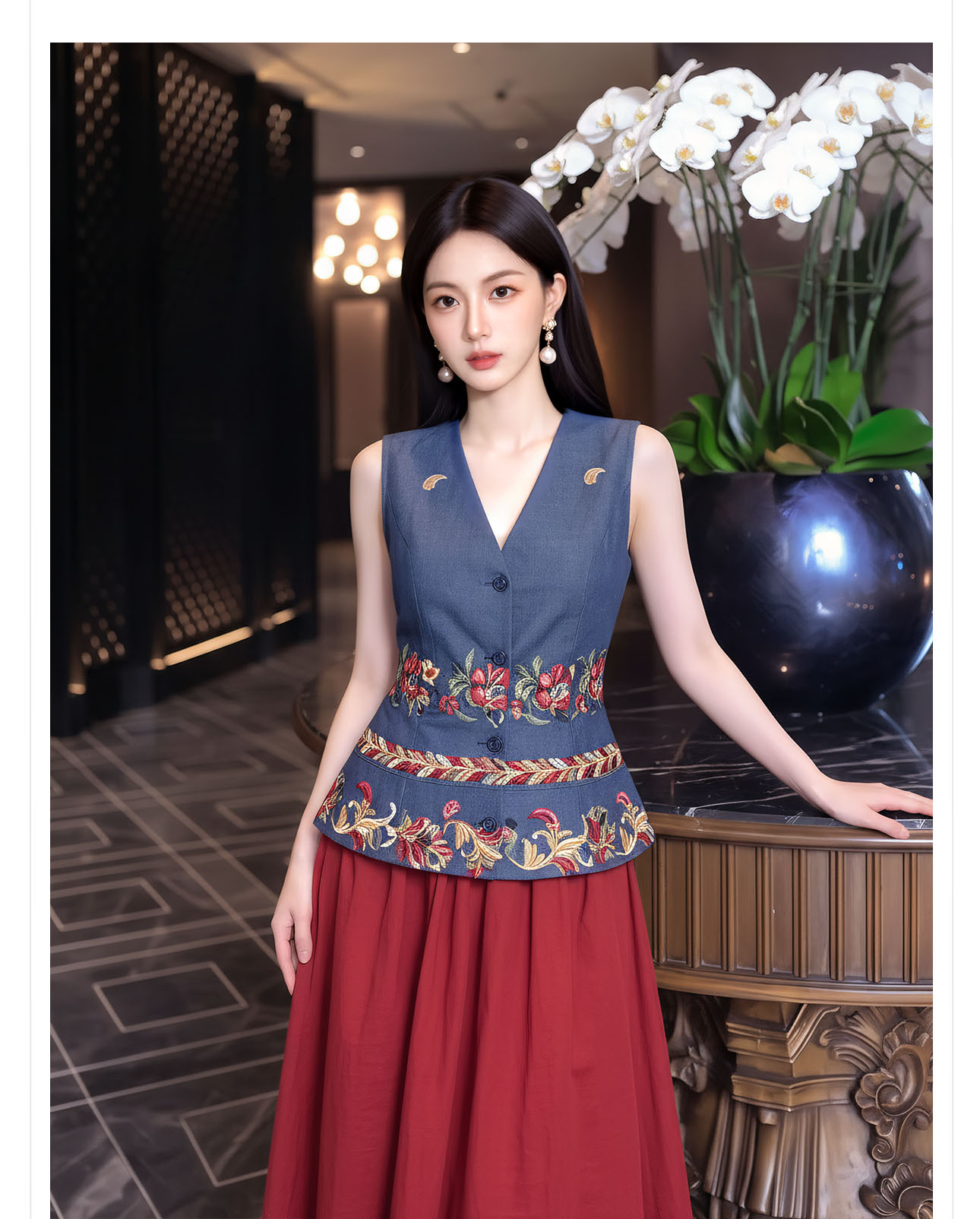 Bộ áo gile không tay và chân váy đỏ thêu hoa tân cổ điển — bộ đồ, nửa váy, Trang chủ chi tiết 3