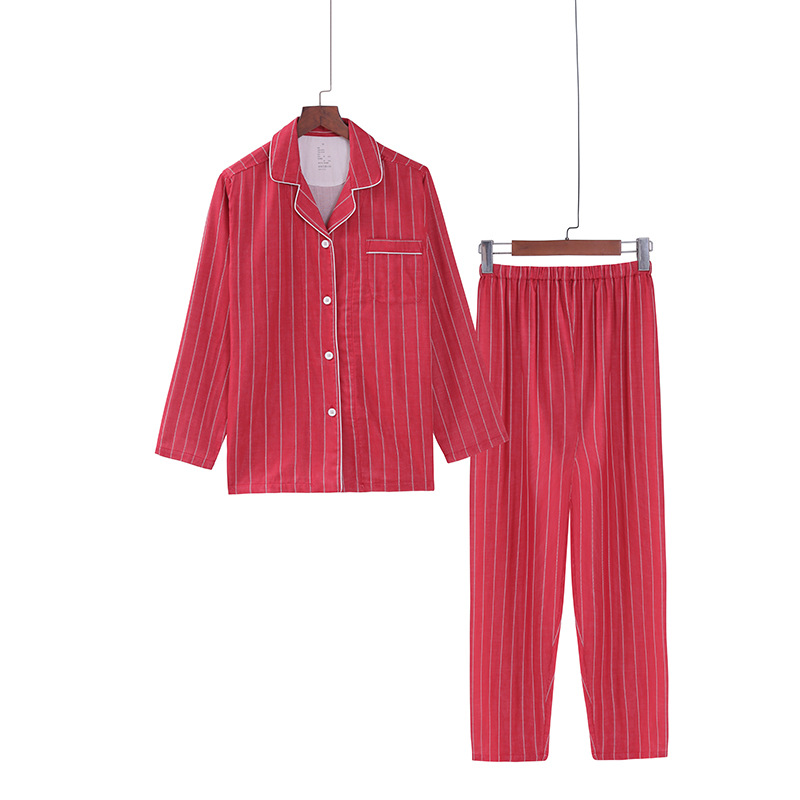 2021双层纱情侣睡衣居家服春秋纯棉套装男女长袖条纹翻领工厂直销|ms