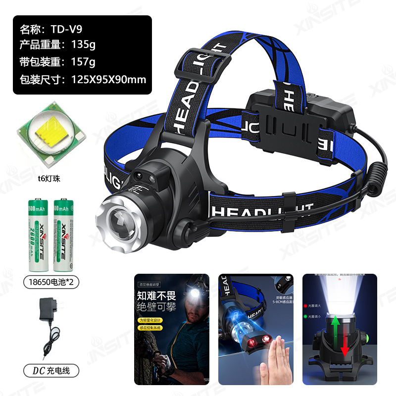 Xinster T6 inducción de carga faro impermeable LED fuerte luz telescópica zoom Faro Pesca al aire libre al por mayor