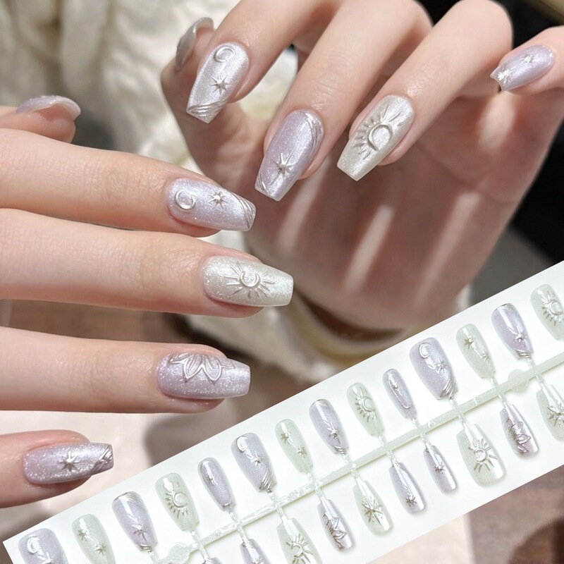 Embossed Silver Thread Starburst Cat Eye Press-On Nails, High-End Luxury Nail Pieces, Finished Nail Art, Reusable Nails Embossed Silver Thread Starburst Cat Eye Press-On Nails, High-End Luxury Nail Pieces, Finished Nail Art, Reusable Nails