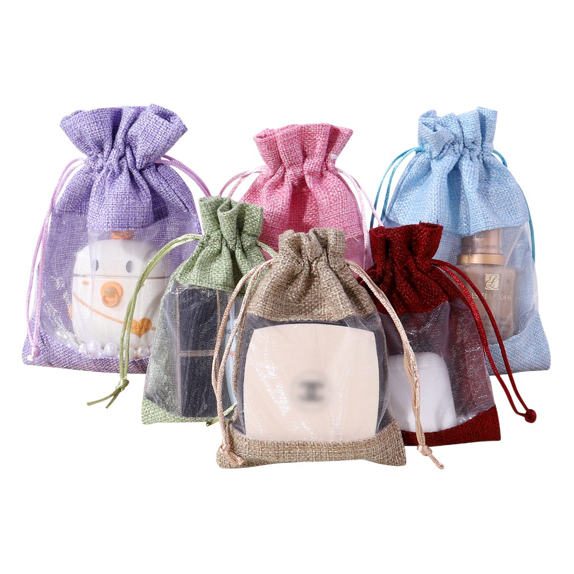 Almacenamiento de cosméticos bolsa de lino con cordón bolsa de regalo bolsa creativa ventana de un solo lado bolsa de lino con cordón en stock al por mayor