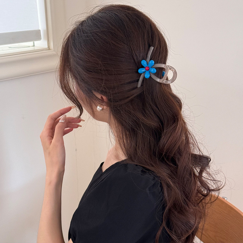 韩系蓝红撞色花朵抓夹女高级感2025夏季新款优雅后脑勺鲨鱼夹盘发|undefined