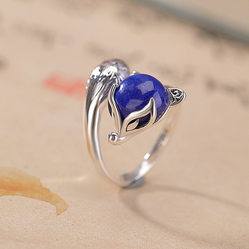 Nhẫn bạc S925 hình cáo đính đá Lapis Lazuli phong cách retro — Một mảnh