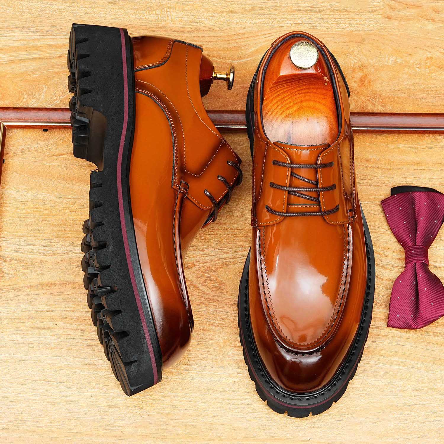 Men's Round-Toe Dress Shoes, New Shiny Formal Business Men's Genuine Leather Shoes, Height-Increasing Thick-Soled Trendy Color-Polished Shoes