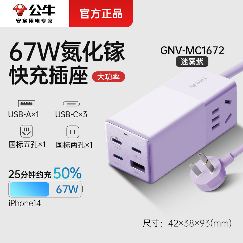 Regleta Bull de nitruro de galio — cargador de escritorio USB de carga rápida 20W/30W/67W para móvil y tablet