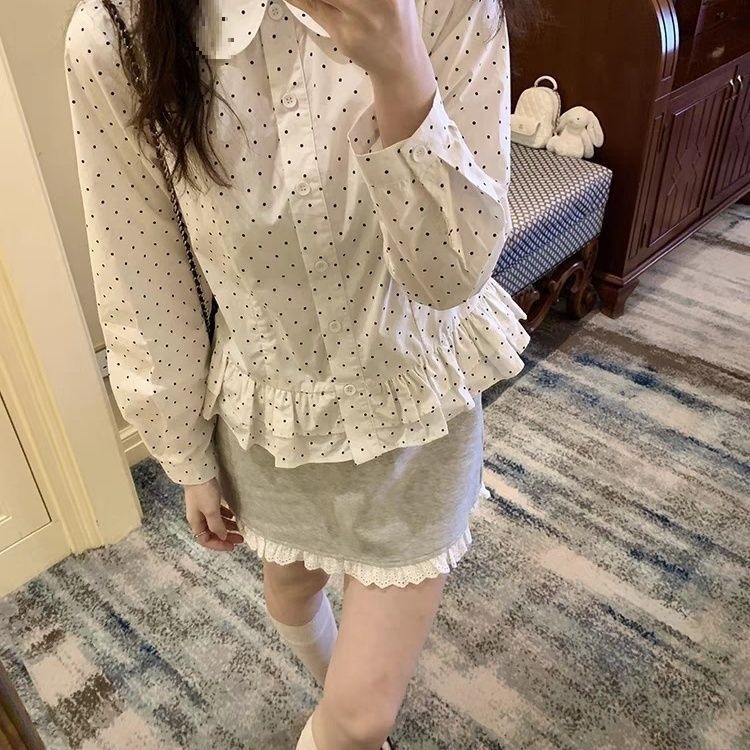 修身设计娃娃领衬衫显瘦新款上衣花边波点衬衣女软妹甜美日系春秋|undefined