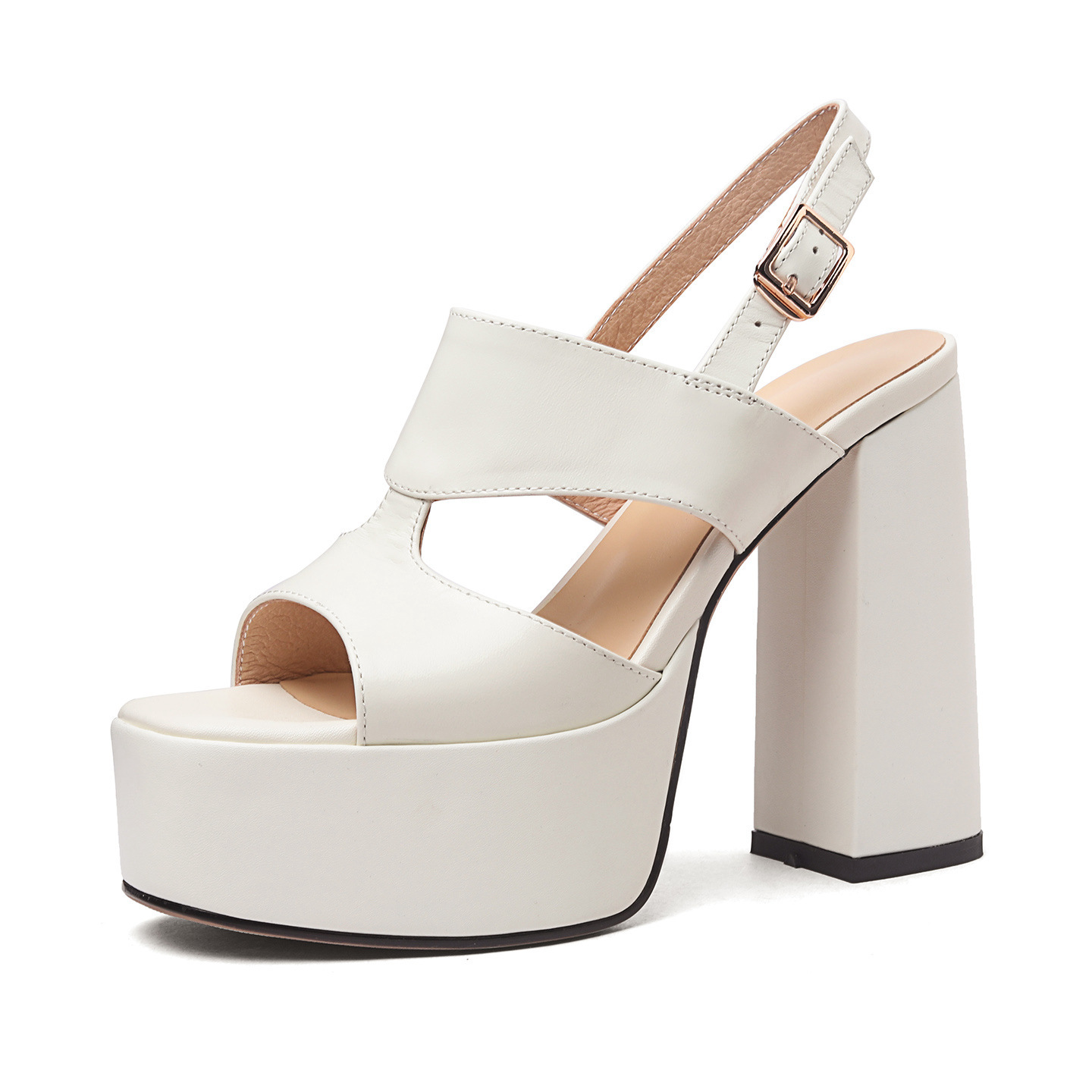 Sandal cao gót nữ hở mũi quai ngang khóa gót 12 cm — Da bò trắng gạo chi tiết 10