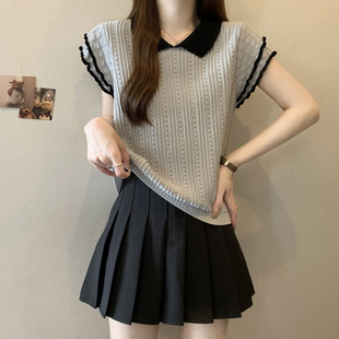 Thin Large Size Sweet French Doll Collar Right Shoulder Top for Women Summer Fat Girl mm Loose Contrasting Color Short-Sleeved T-Shirt
