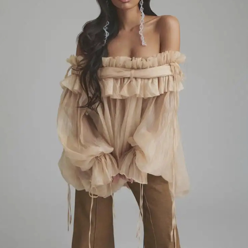 Fashionable Sweet Style Shirt for Women, 2026 Summer New Model, Off-Shoulder Design with Ruffled Edges and Tie-Up Design, Long-Sleeve Top