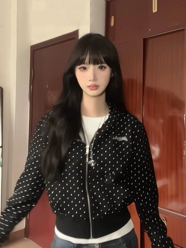 美式辣妹风波点满印连帽短款卫衣女秋季2025新款休闲百搭开衫外套|undefined