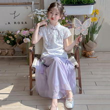 女童新中式旗袍套装夏季薄款2026新款女孩复古盘扣国风汉服两件套