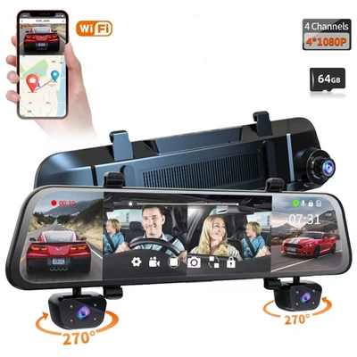 Driving recorder – Four-recording 12-inch touch screen - cigarette-lighter-does-not-support-24-hour-parking-monitor-three-records-mobile-phone-interconnection-64g-storage-card