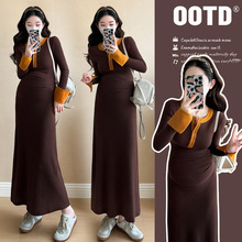 孕妇春装连衣裙2025新款时尚撞色收腰气质半开领长袖针织裙春夏款