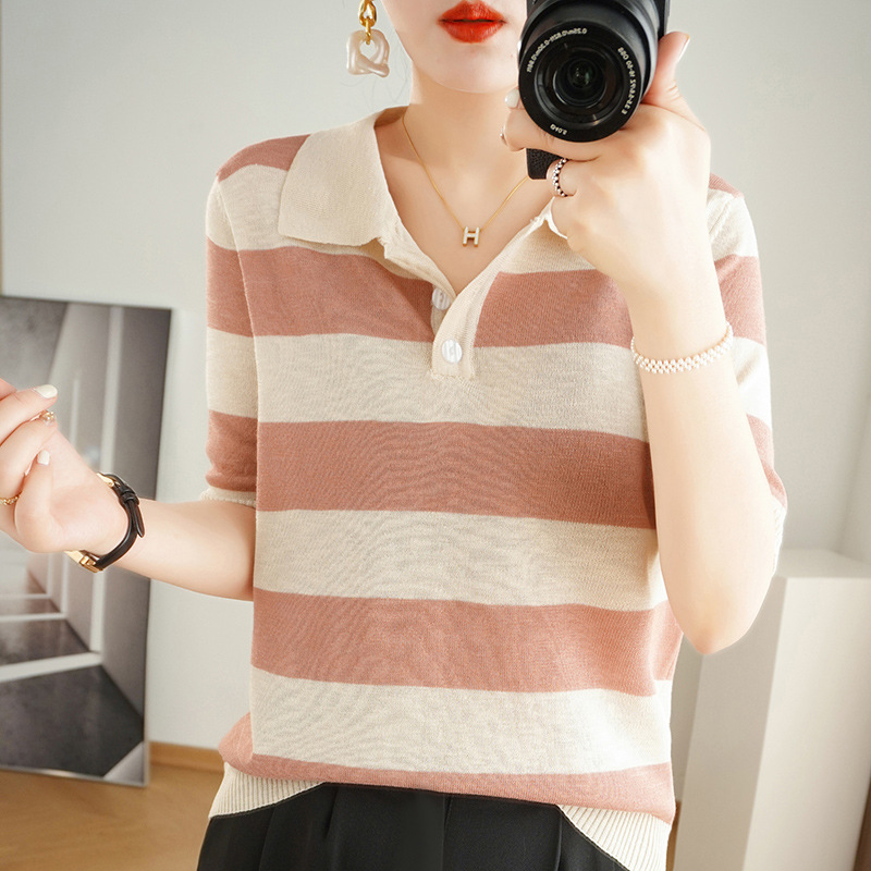 Spring and Summer Fashion Age-reducing Contrast Color Striped Polo Collar Knit Top Women's Short-sleeved Top Ice Silk T-shirt Base Shirt Spring and Summer Fashion Age-reducing Contrast Color Striped Polo Collar Knit Top Women's Short-sleeved Top Ice Silk T-shirt Base Shirt