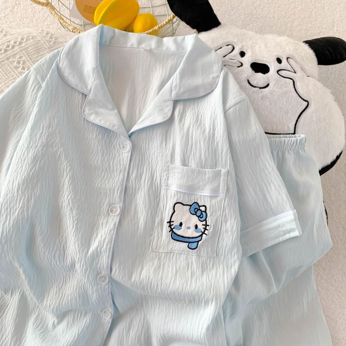 Pijama de algodón bordado de dibujos animados nubes sueltas pareja ropa para el hogar verano nuevos pantalones cortos de mangas cortas dos piezas