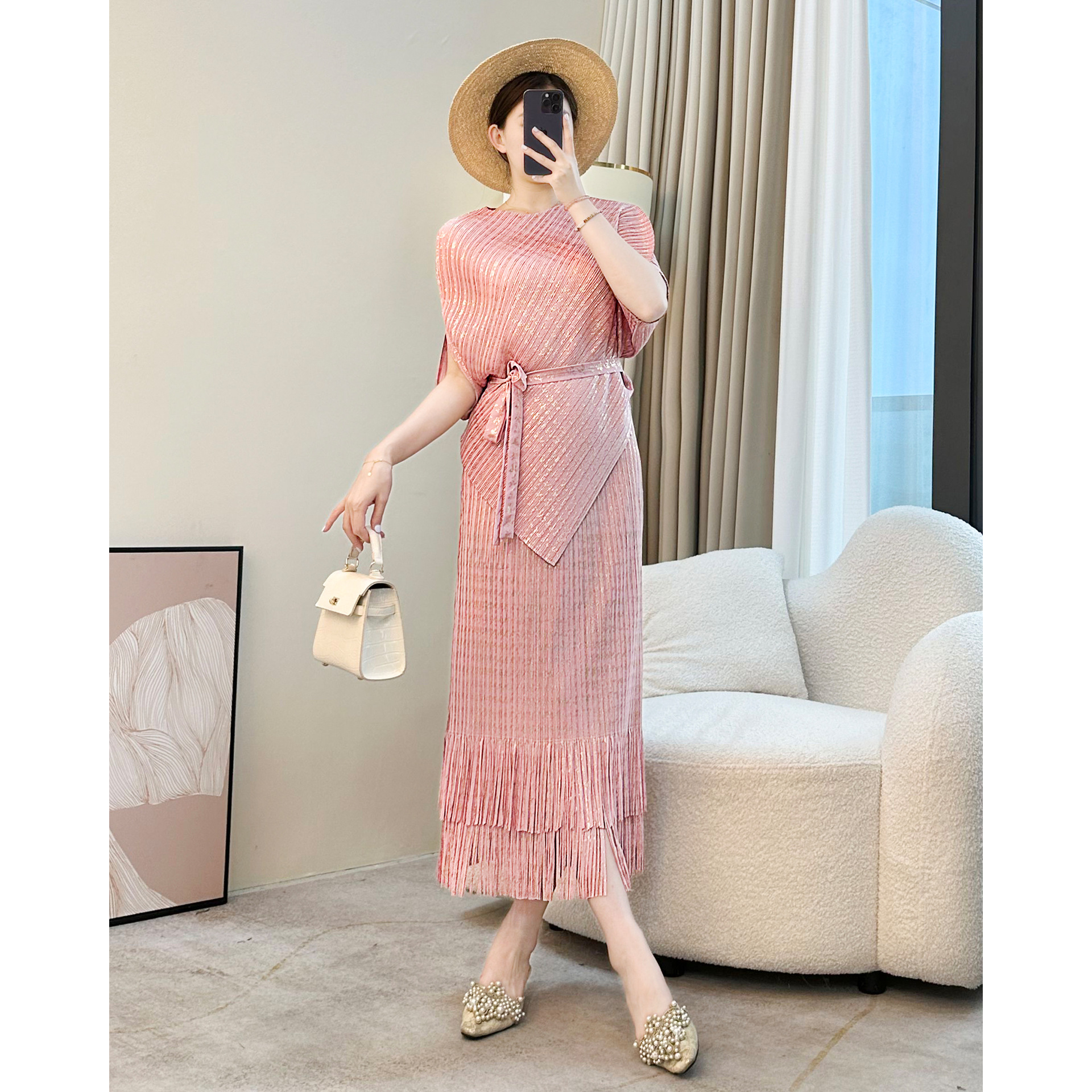 褶礼三宅风上衣套装女夏季新款气质高级感流苏半裙大码休闲两件套