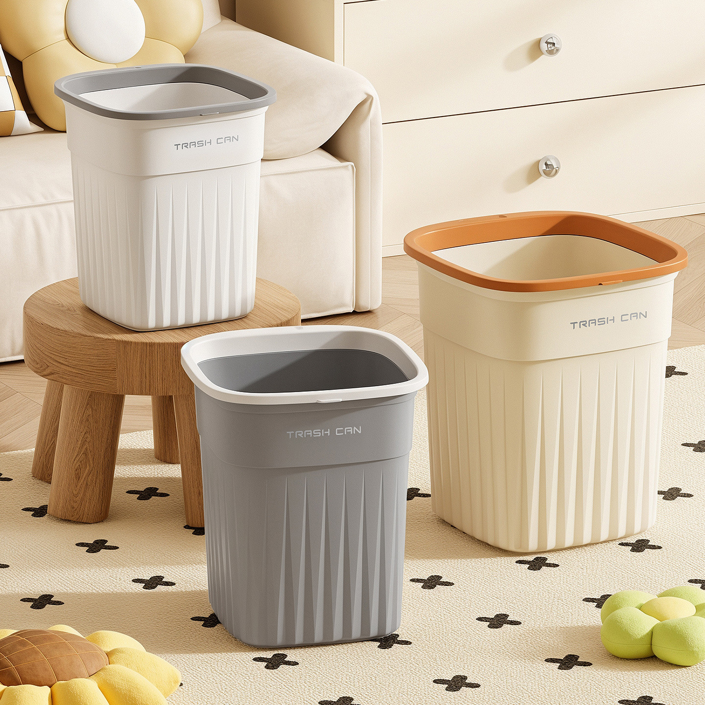 Large Household Trash Can for Office, Living Room, Bedroom, Kitchen, Bathroom, Toilet, Lidless Press Ring Wastebasket