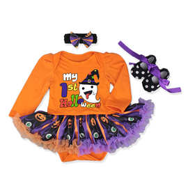 万圣节新生婴儿童三件套装节日装扮卡通短袖连衣裙边鞋子发带