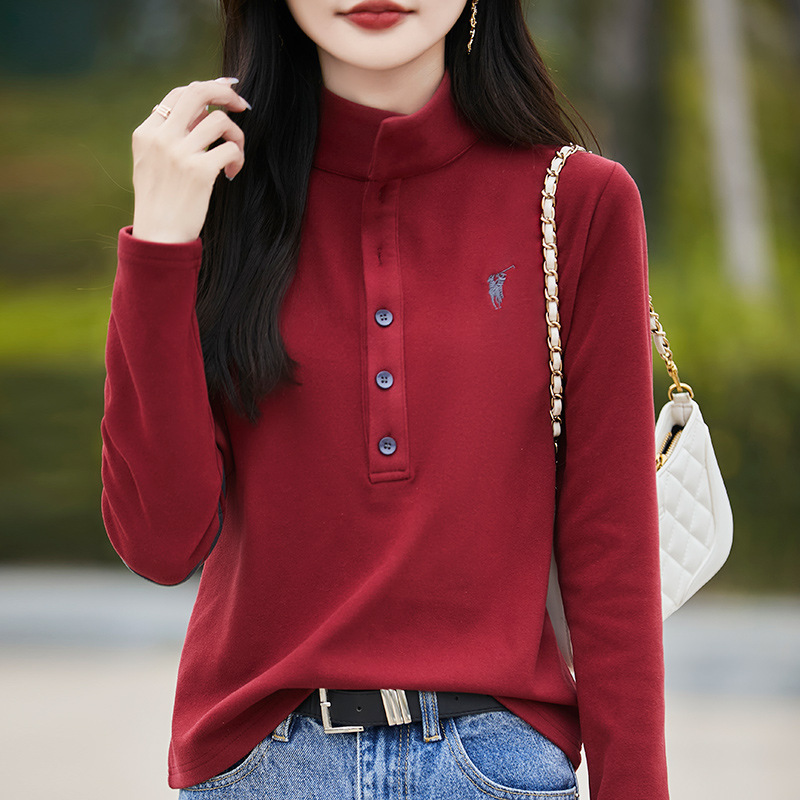 24 Fall/Winter New German Velvet Self-heating Base Shirt Women's Color-matching Western-style Loose Long-sleeved Knitted Shirt Half-high Collar Top