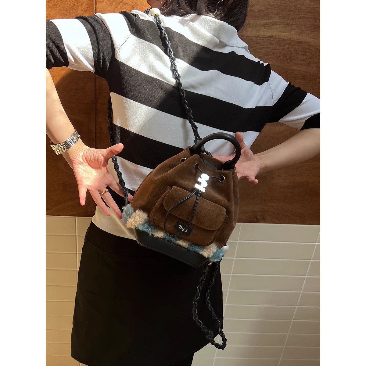 Tagi.mini pintor bolsos de hombro tejidos a mano correas de hombro con bolsillo de viaje cubos de extracción de cuerda bolsos de boca