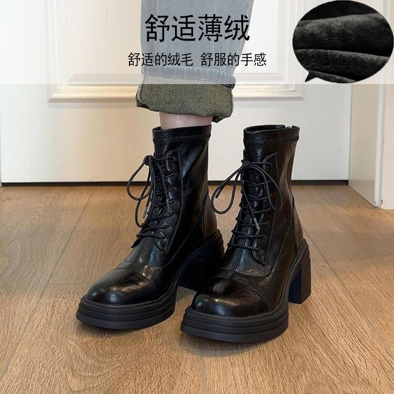 澜柜版~高跟厚底百搭气质马丁靴女软皮防水台系带侧拉链弹力短靴|undefined