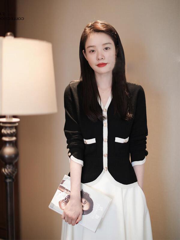 Spring and Autumn New Tencel Chanel V-neck Long Sleeve Contrast Color Knitted Cardigan Slim-fit Fashion Short Top Coat Women Spring and Autumn New Tencel Chanel V-neck Long Sleeve Contrast Color Knitted Cardigan Slim-fit Fashion Short Top Coat Women
