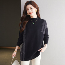 半高领烫钻撞色中长款毛衣女秋冬季2024年新款时尚加厚针织打底衫