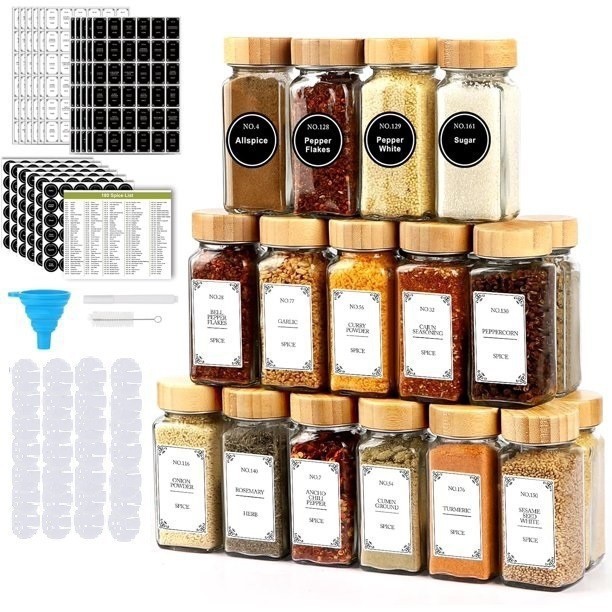 Botella de condimento de venta caliente de comercio exterior cubierta de bambú cubierta de madera de acacia cocina condimentar pimienta salpicada de vidrio condimento frasco combinación