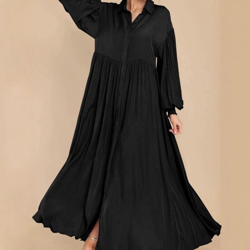 Cross-Border 2026 New Model Aliexpress Women's Casual Solid Color Button-Down Pleated Long-Sleeve Maxi Dress