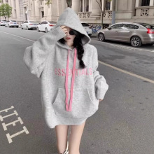 慵懒风灰色连帽卫衣女秋冬加绒加厚长袖欧货大版宽松中长款
