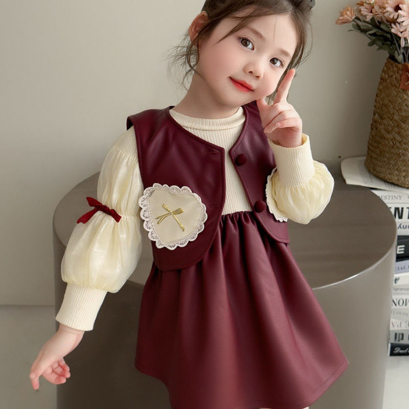 Girls' 2026 Spring and Autumn Fashionable Leather Outfit Set: Trendy Two-Piece Set for School, Children's Vest and Leather Skirt, Western Leather Cowboy Style