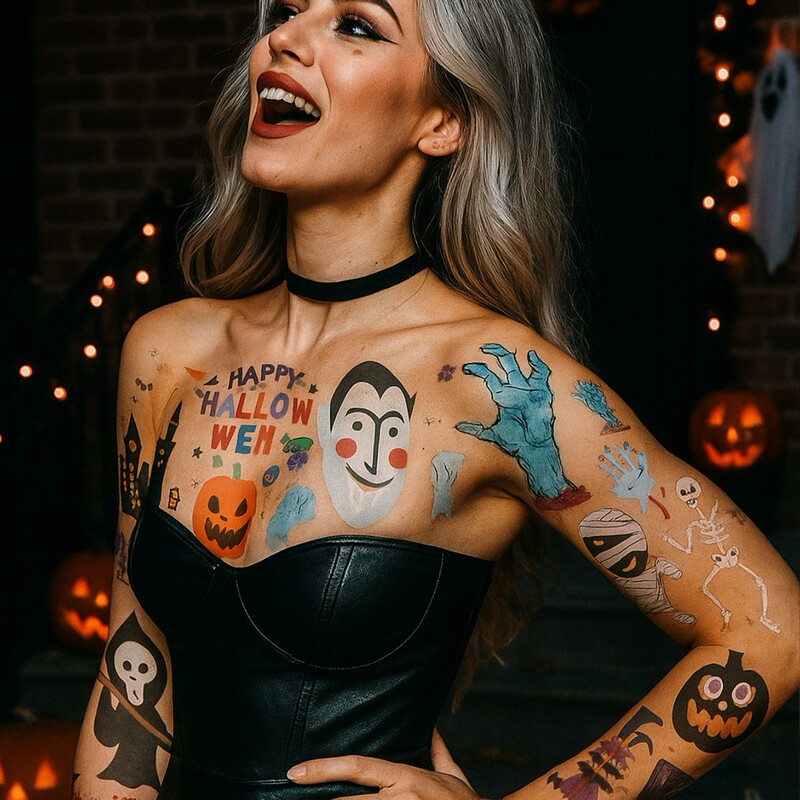 Halloween cartoon tattoo stickers, waterproof and long-lasting, temporary funny pumpkin and skull party cosplay dress-up stickers