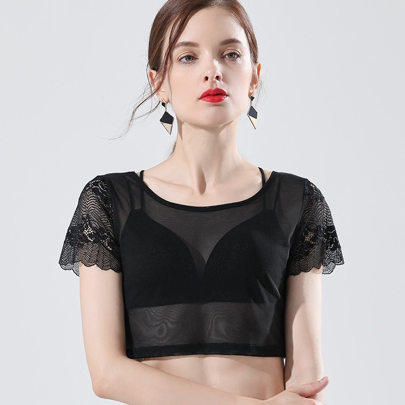 New summer style half-length base layer top, black mesh, sexy inner layer, lace, versatile top, short-sleeved thin T-shirt for women.