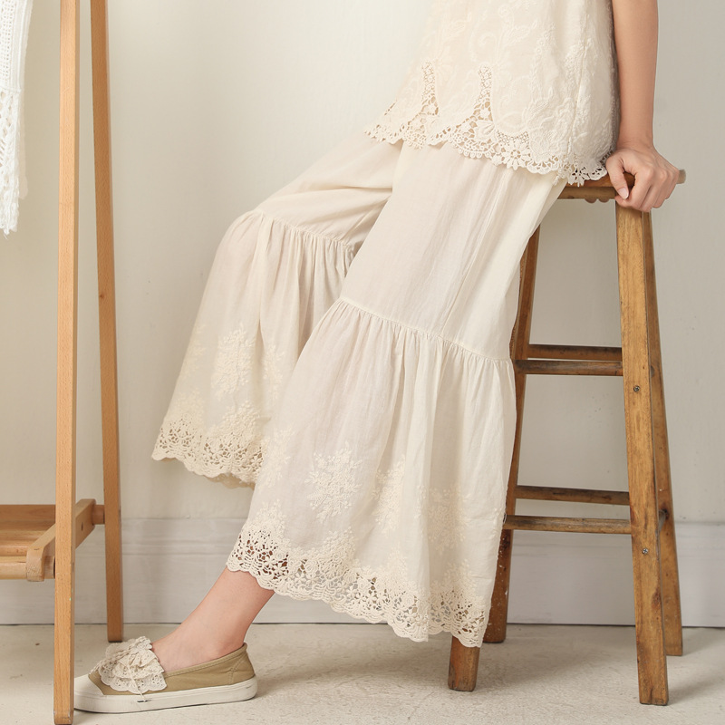 Summer New Japanese Mori Girl Sweet Wide Leg Pants All-match Ankle-length Pants Loose Water-soluble Embroidered Pants with Elasticated Waist