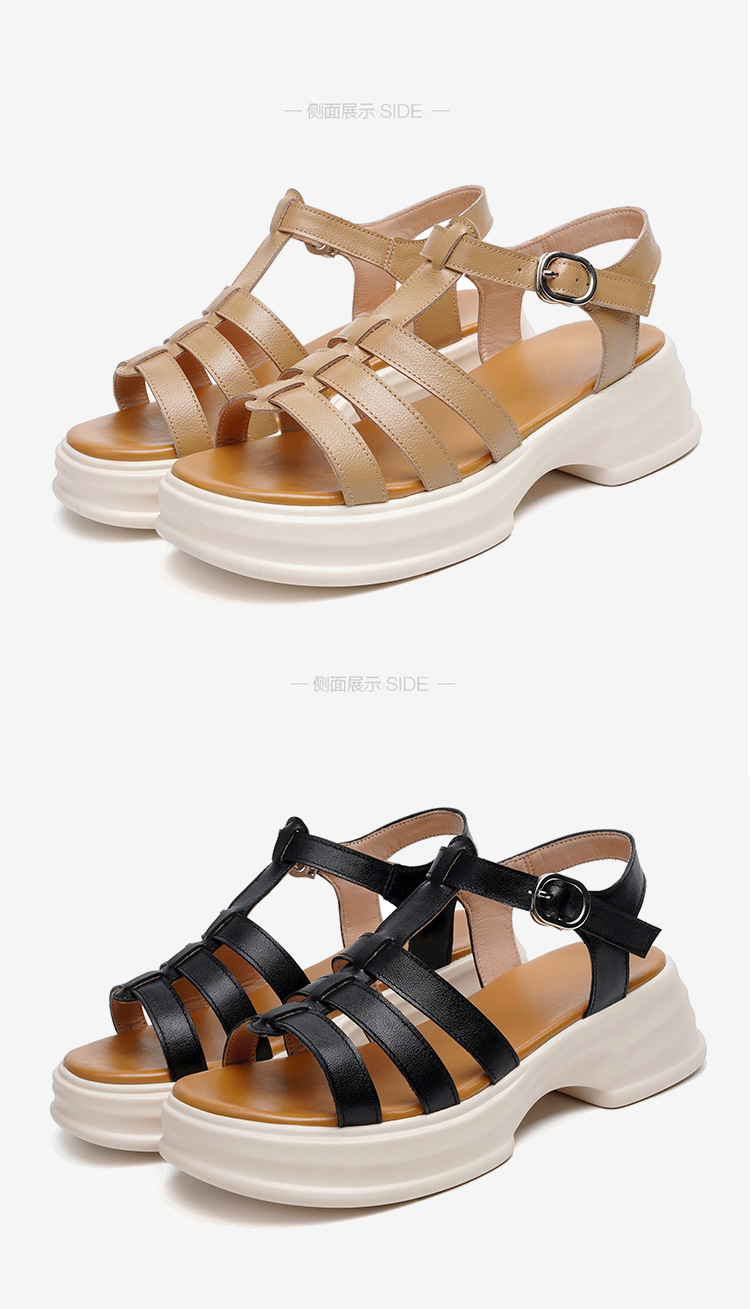 Sandal La Mã nữ da thật đế dày gót vuông quai ngang — Màu đen chi tiết 25