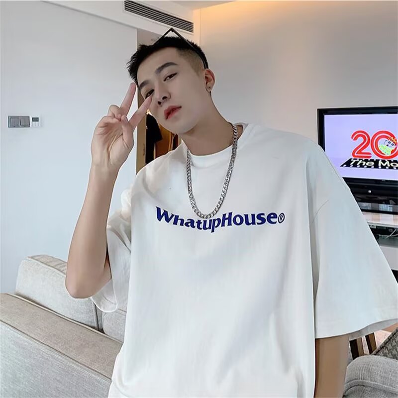 Short-Sleeved T-Shirt Men's Summer Trendy Brand Simple Letter Couple Tops Loose Hong Kong Style Printed Summer Loose Short-Sleeved