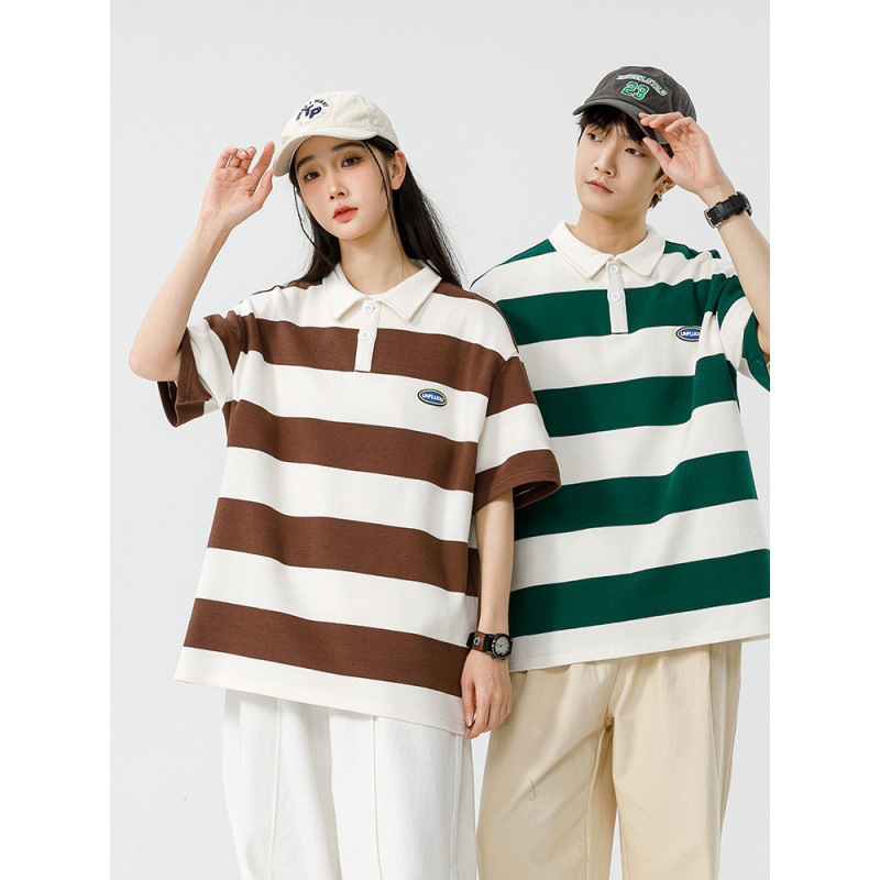 Camiseta Polo a Rayas de Algodón Heavyweight 250G Unisex para Parejas