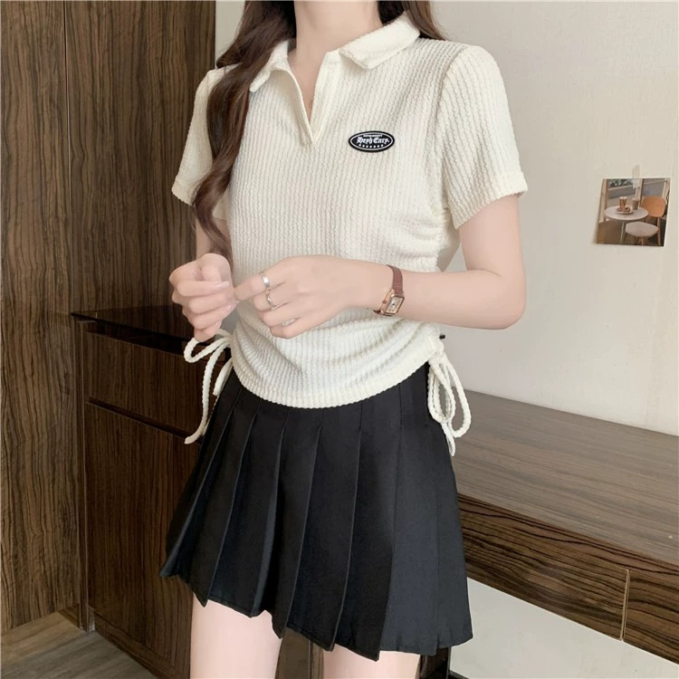 Large size American front shoulder polo neck short sleeved t-shirt for women 2024 new summer chubby mm top design_voghion.com