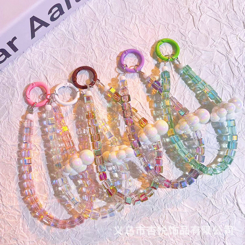 Exquisite cloud-shaped phone charm, glass beaded wrist chain keychain, luxury wristband, crystal phone pendant.
