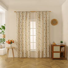 跨境新款日式简约奶油风窗帘亚麻门帘免打孔卧室客厅阳台窗帘成品